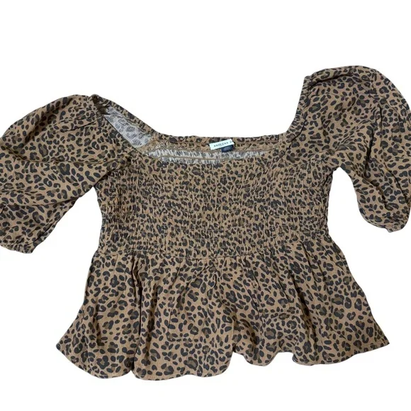 American Eagle Outfitters Brown Leopard Off-Shoulder Smocked Peplum Top - Picture 2 of 7